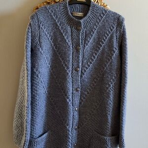 Elegant Handmade Knit Cardigan Soft Bluish Gray Mohair Like Sz L